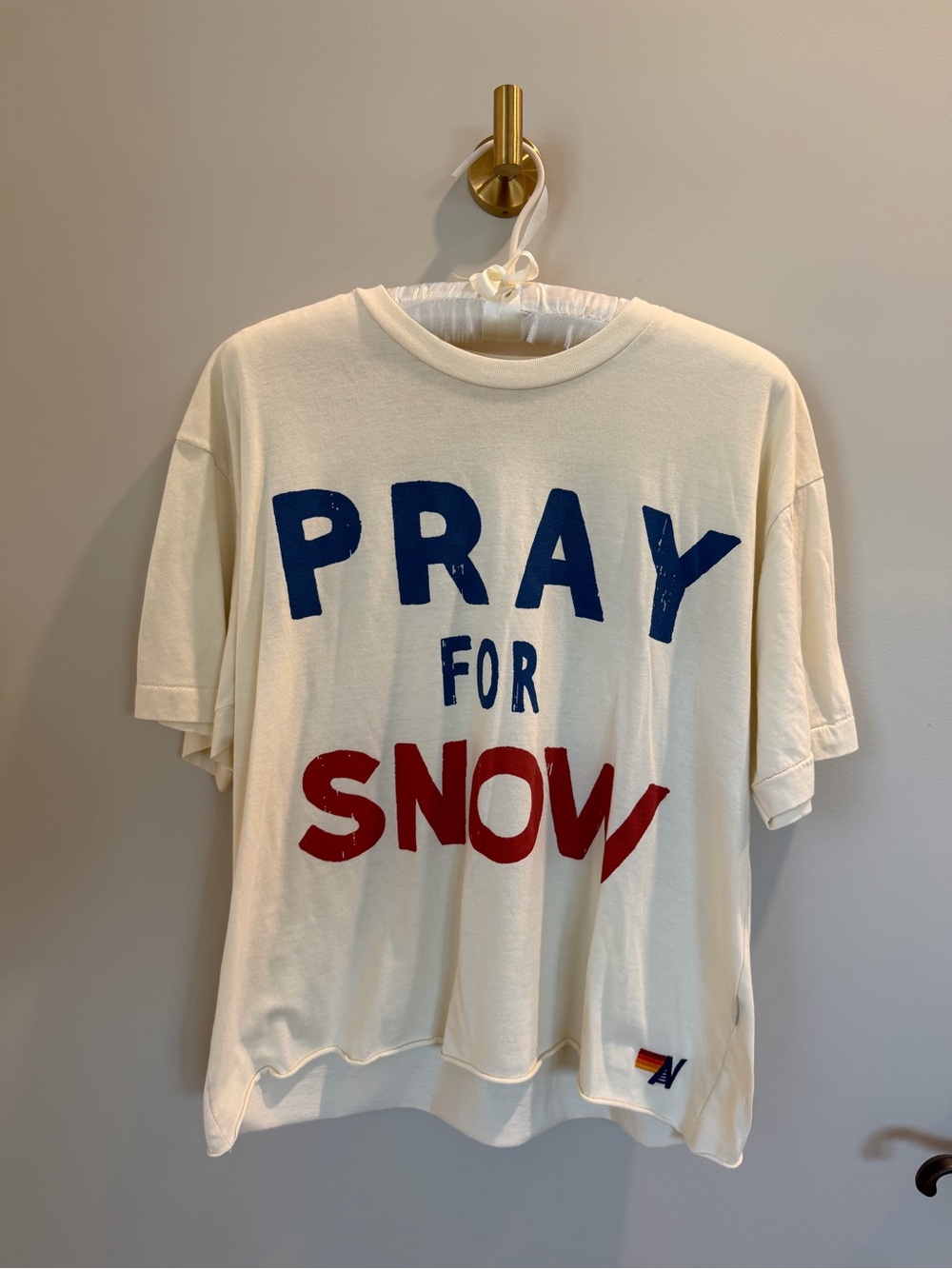 Aviator Nation “Pray for Snow' Graphic Tee - off White with Blue & Red Print